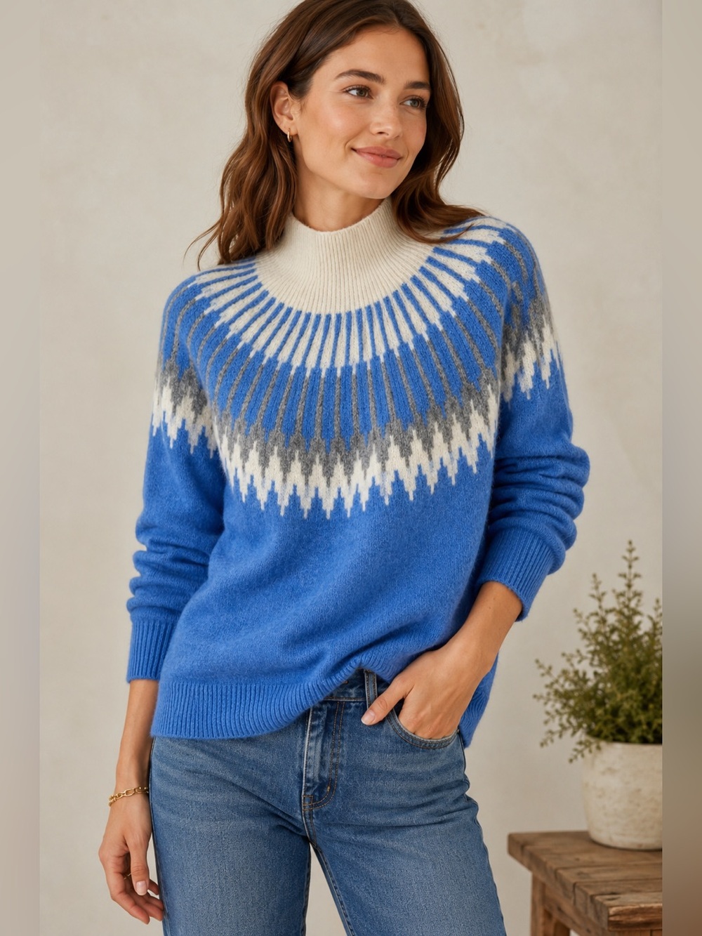 J. CREW Fair Isle Mockneck Sweater Blue Merino Alpaca Blend Size 3X